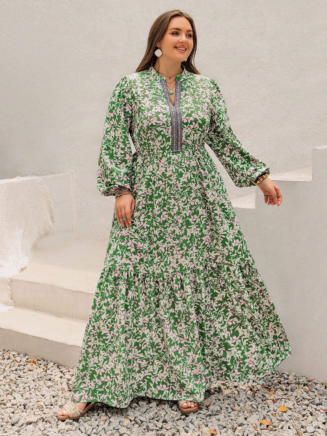 Plus Size Printed Notched Long Sleeve Maxi Dress - Trendsi