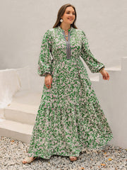 Plus Size Printed Notched Long Sleeve Maxi Dress - Trendsi