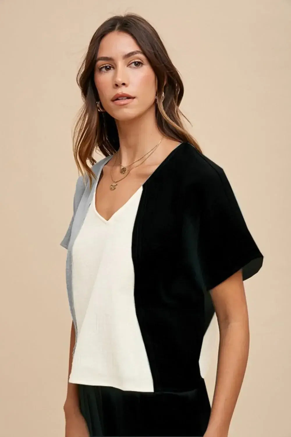 Annie Wear Color Block Cotton Gauze V-Neck Top - Trendsi - Flyclothing LLC