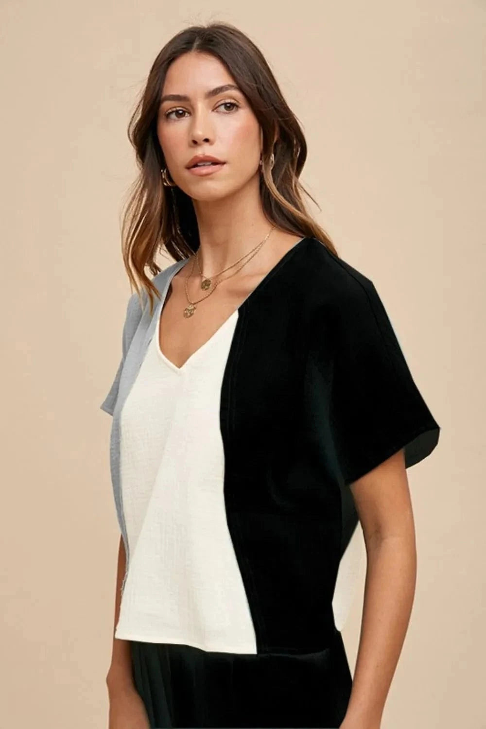 Annie Wear Color Block Cotton Gauze V-Neck Top - Trendsi