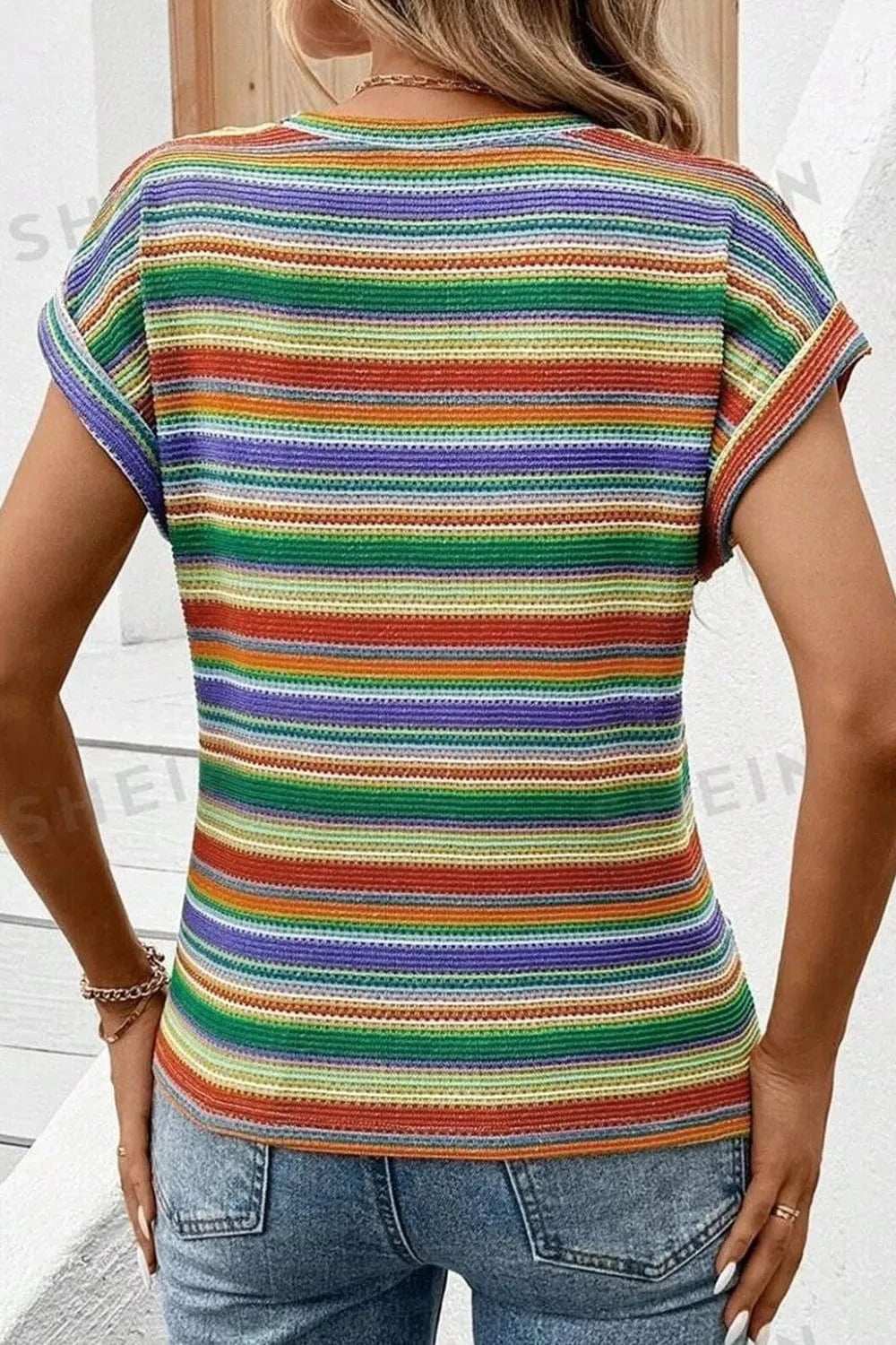 Multicolour Striped Twist Hem Cap Sleeve Top - Trendsi - Flyclothing LLC