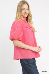 Umgee Puff Sleeve Eyelet Mix Top with Contrast Piping - Trendsi - Flyclothing LLC