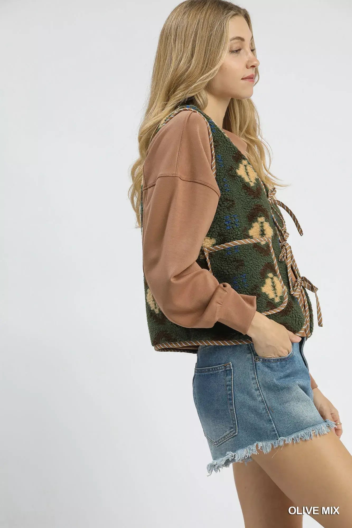 Umgee Mix Patterned Sherpa Tie-Front Vest - Trendsi - Flyclothing LLC
