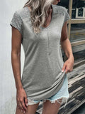 Lace Detail Half Zip Cap Sleeve T-Shirt - Trendsi - Flyclothing LLC