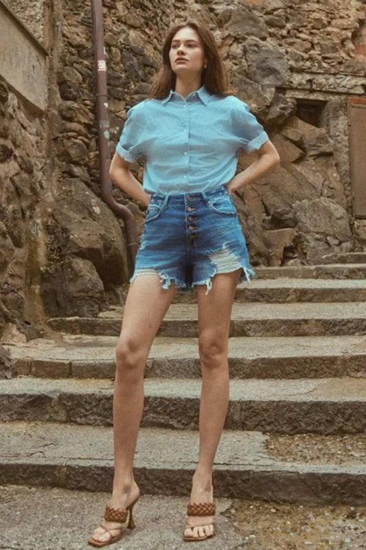 Kancan Distressed Button-Fly High Waist Denim Shorts - Trendsi - Flyclothing LLC
