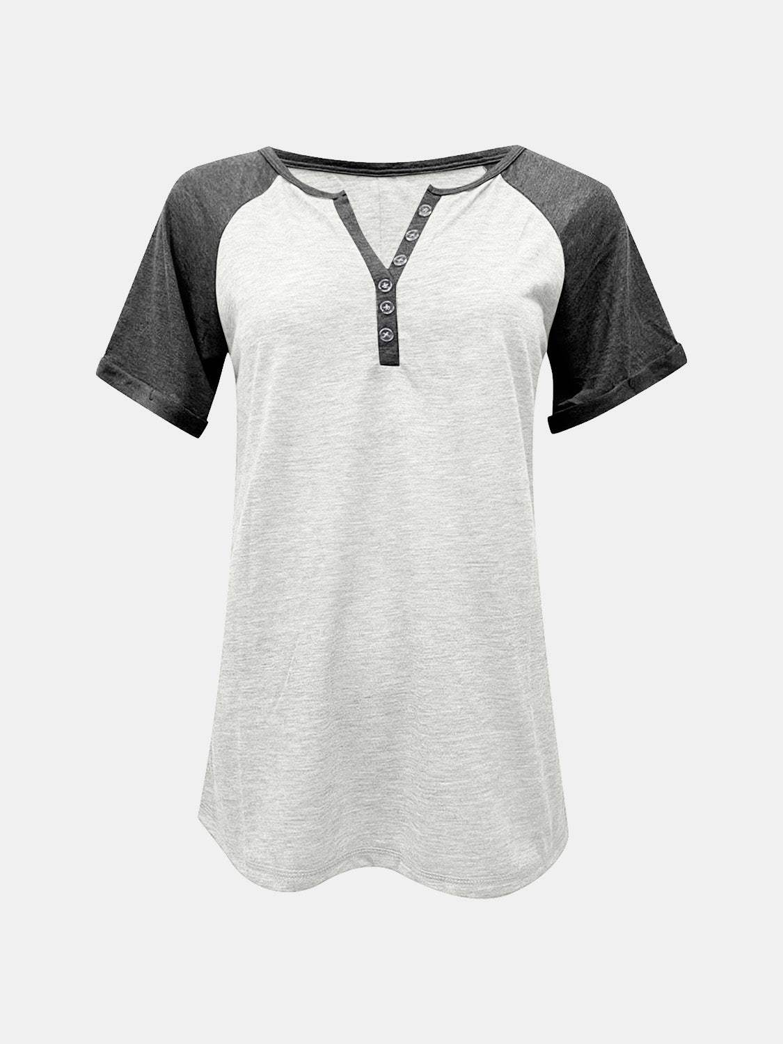 Contrast Notched Short Sleeve T-Shirt - Trendsi - Flyclothing LLC