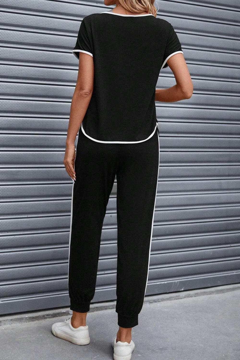 Contrast Trim Round Neck Top and Pants Set - Trendsi - Flyclothing LLC
