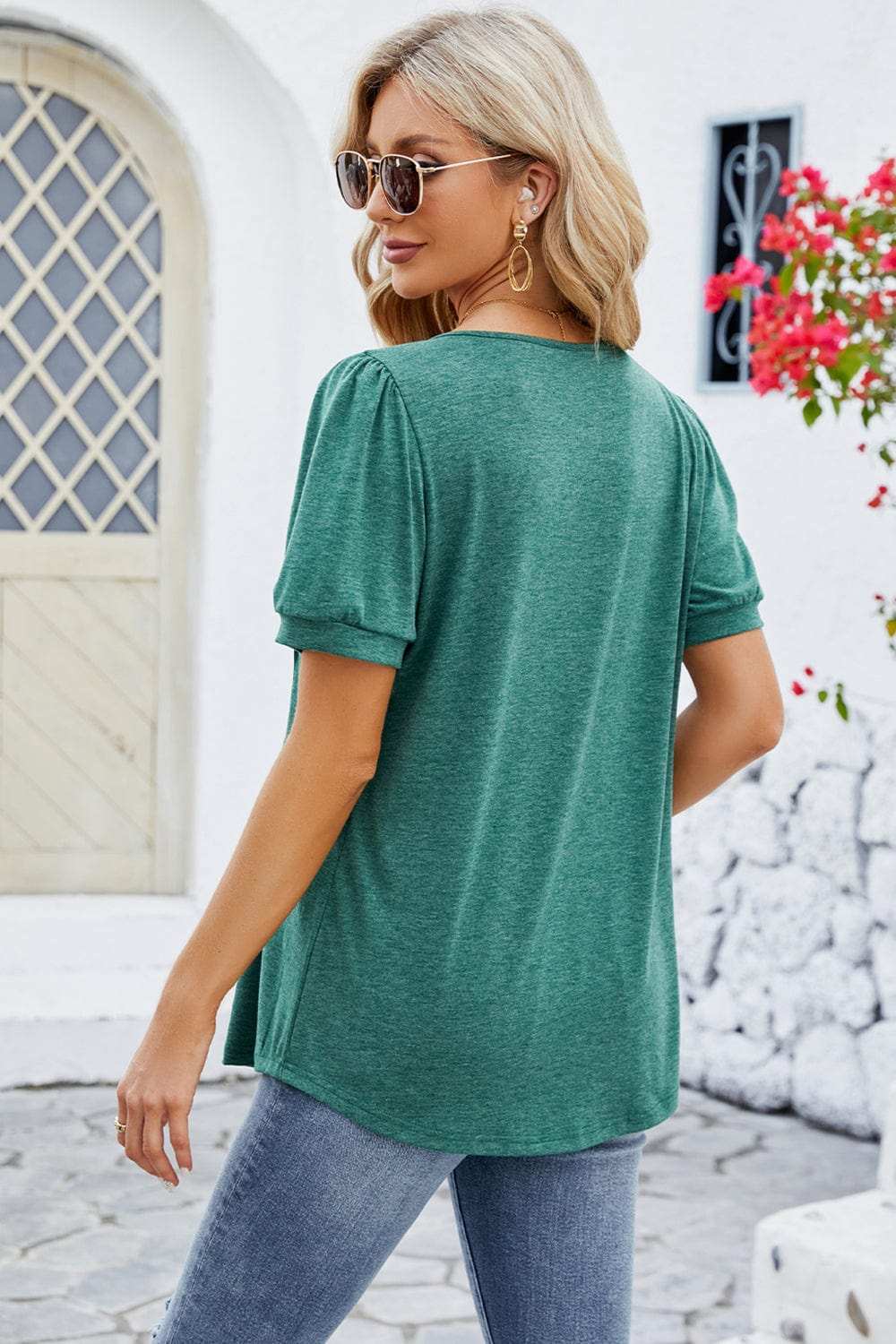 Ruched Scoop Neck Short Sleeve Blouse - Trendsi - Flyclothing LLC
