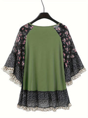 Full Size Frill Printed Round Neck Half Sleeve Blouse - Trendsi