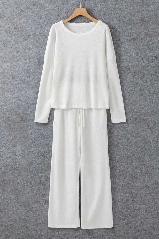 Round Neck Long Sleeve Top and Drawstring Pants Lounge Set - Trendsi - Flyclothing LLC