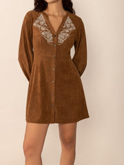 Notched Button Down Long Sleeve Mini Dress - Trendsi