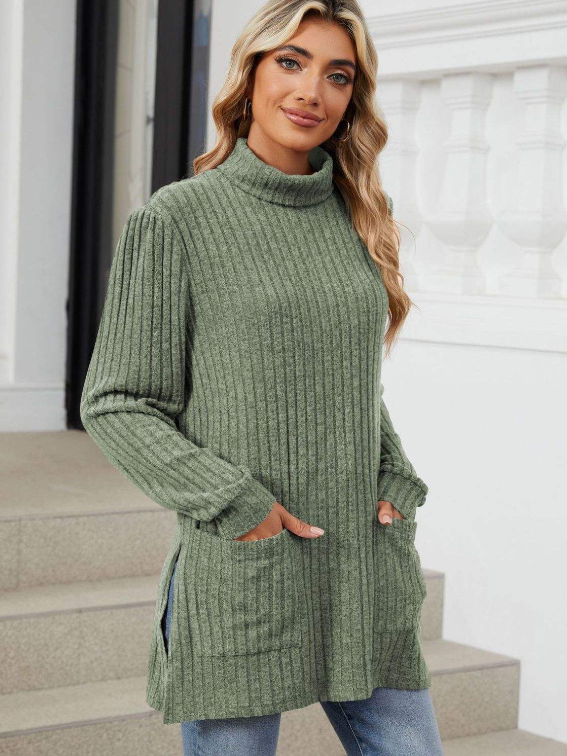 Slit Mock Neck Long Sleeve T-Shirt - Trendsi - Flyclothing LLC