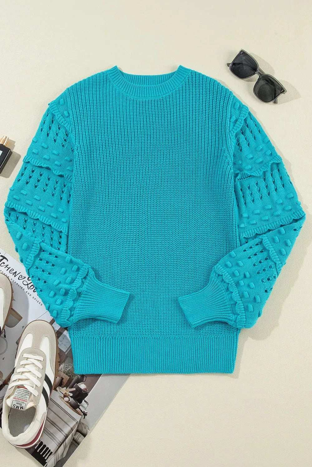 Openwork Frill Round Neck Long Sleeve Sweater - Trendsi - Flyclothing LLC