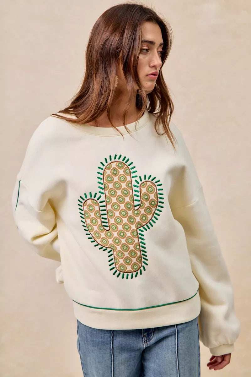BiBi Cactus Embroidered Fleece Sweatshirt - Trendsi - Flyclothing LLC