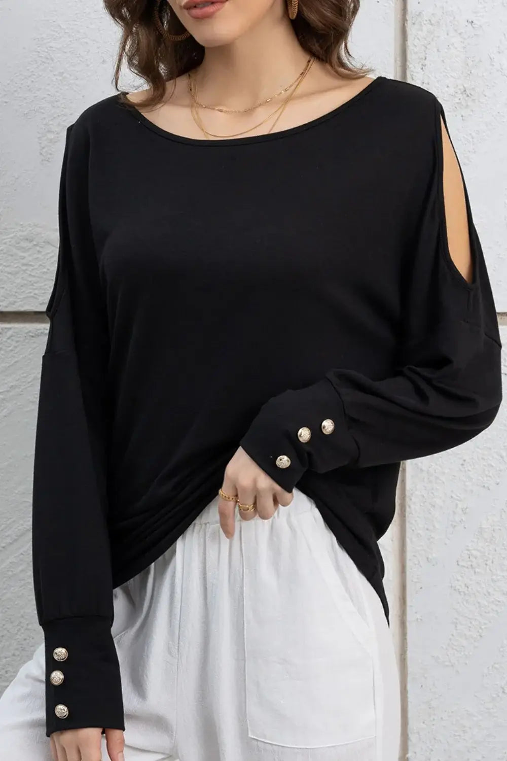 Cutout Round Neck Long Sleeve Top - Trendsi - Flyclothing LLC