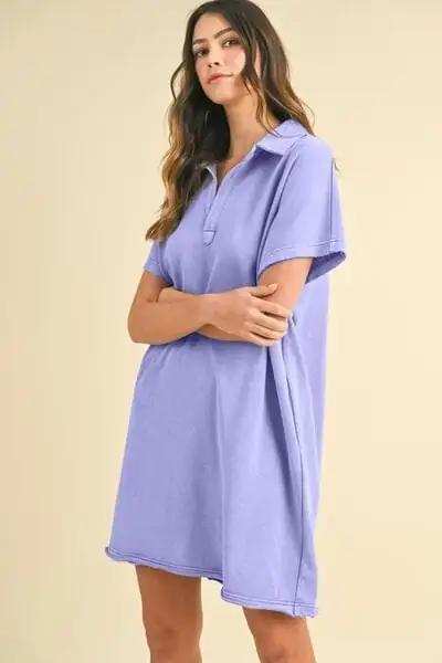 Annie Wear Mineral Washed Johnny Collar Short Sleeve Dress - Trendsi - Flyclothing LLC