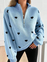 Full Size Heart Half-Zip Long Sleeve Sweater Plus Size - Trendsi - Flyclothing LLC