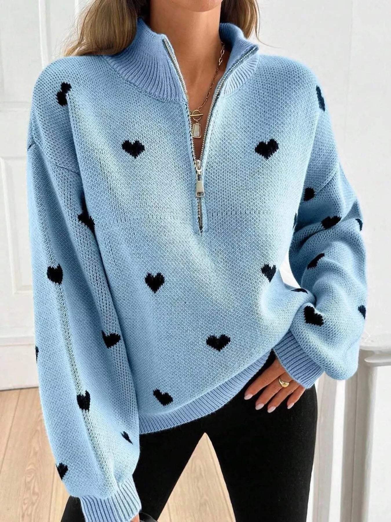 Full Size Heart Half-Zip Long Sleeve Sweater Plus Size - Trendsi - Flyclothing LLC