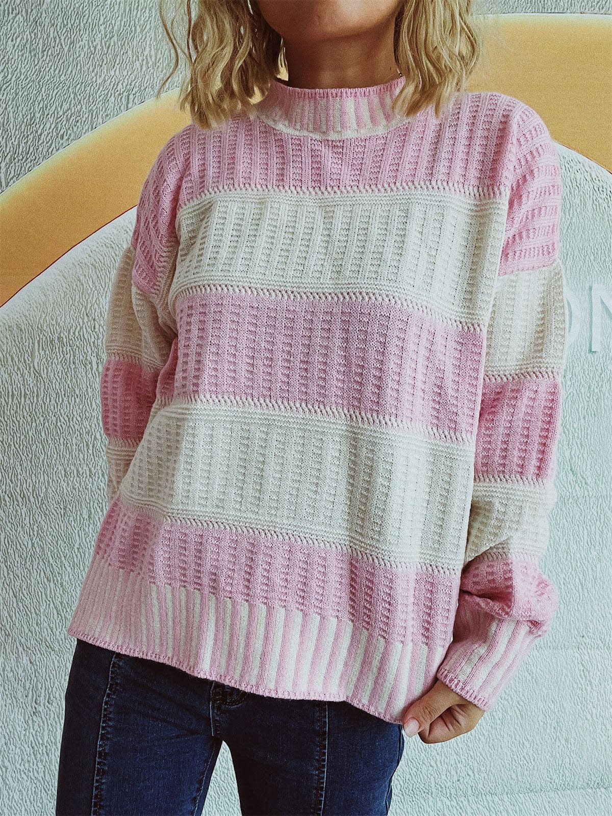 Contrast Round Neck Long Sleeve Sweater - Trendsi