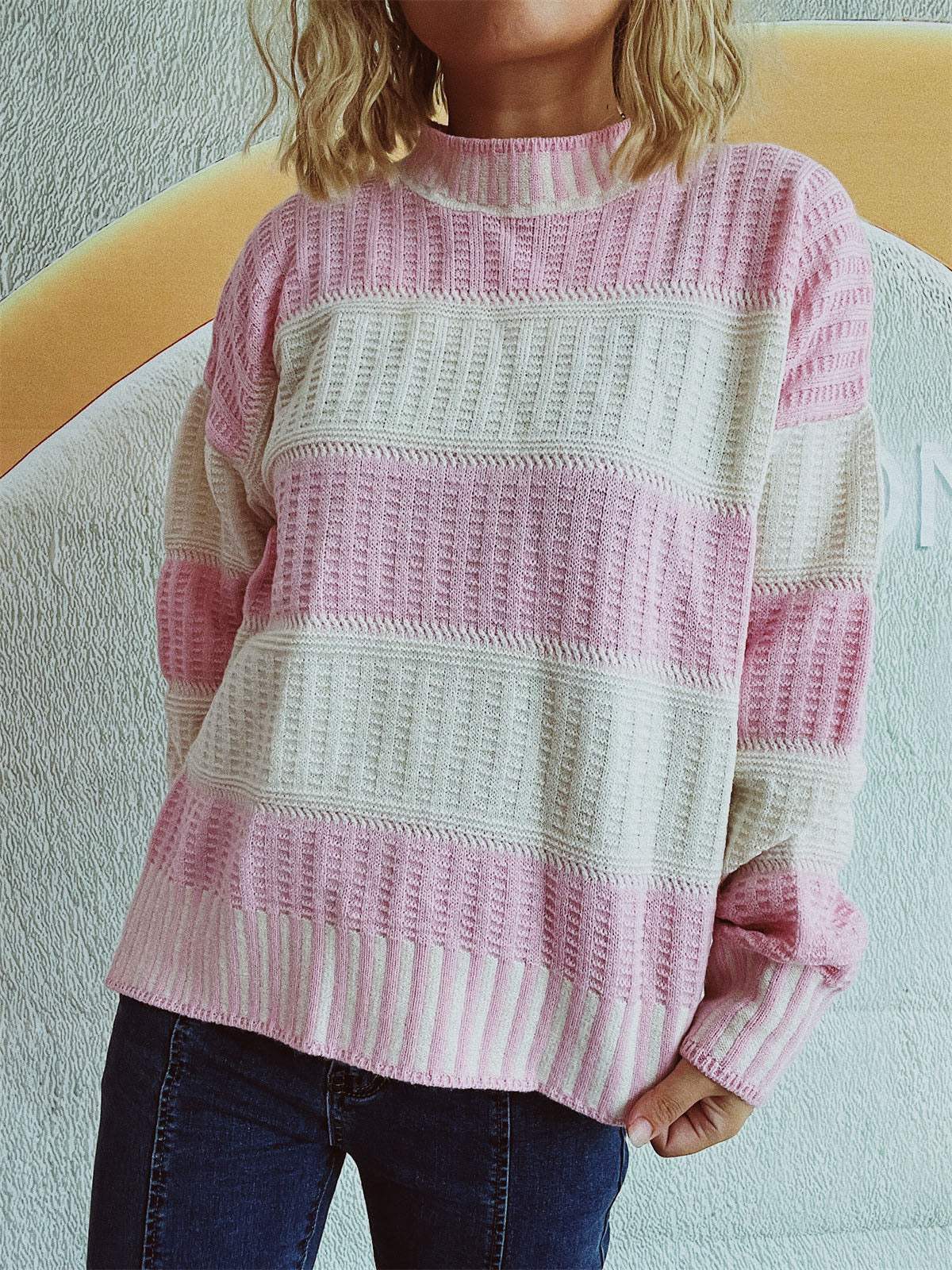Contrast Round Neck Long Sleeve Sweater - Trendsi - Flyclothing LLC