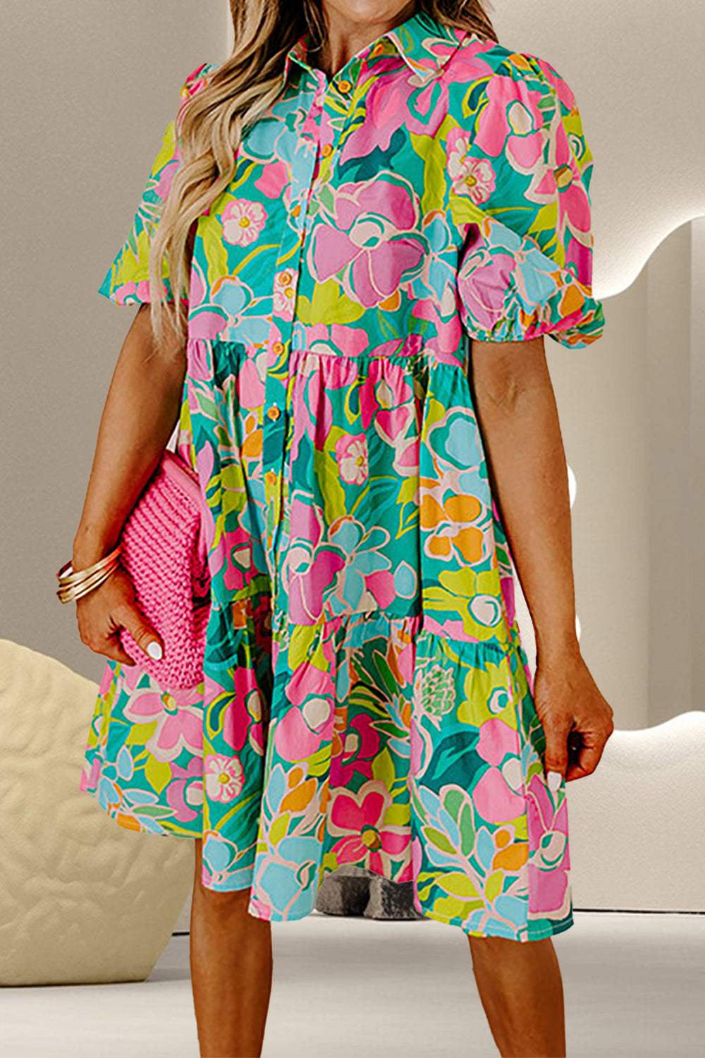 Printed Collared Neck Puff Sleeve Mini Dress - Trendsi - Flyclothing LLC
