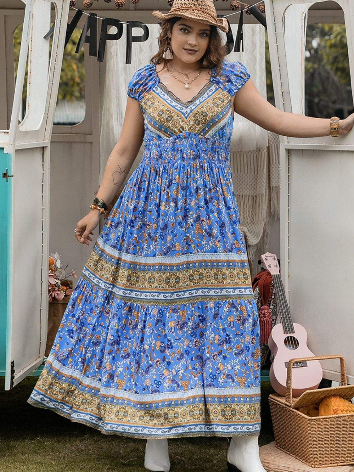 Plus Size Smocked Printed Cap Sleeve Dress - Trendsi - Flyclothing LLC