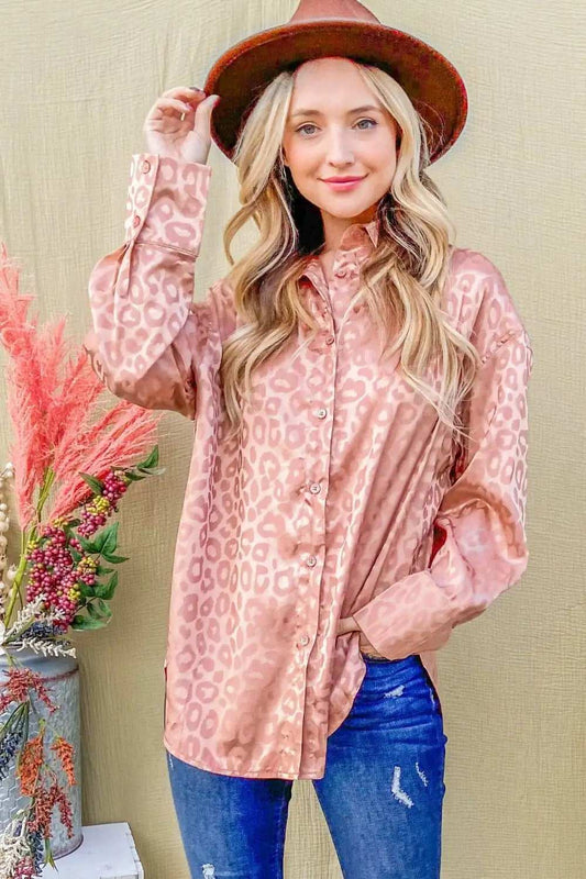 And The Why Satin Leopard Button Up Curved Hem Shirt - Trendsi - Flyclothing LLC