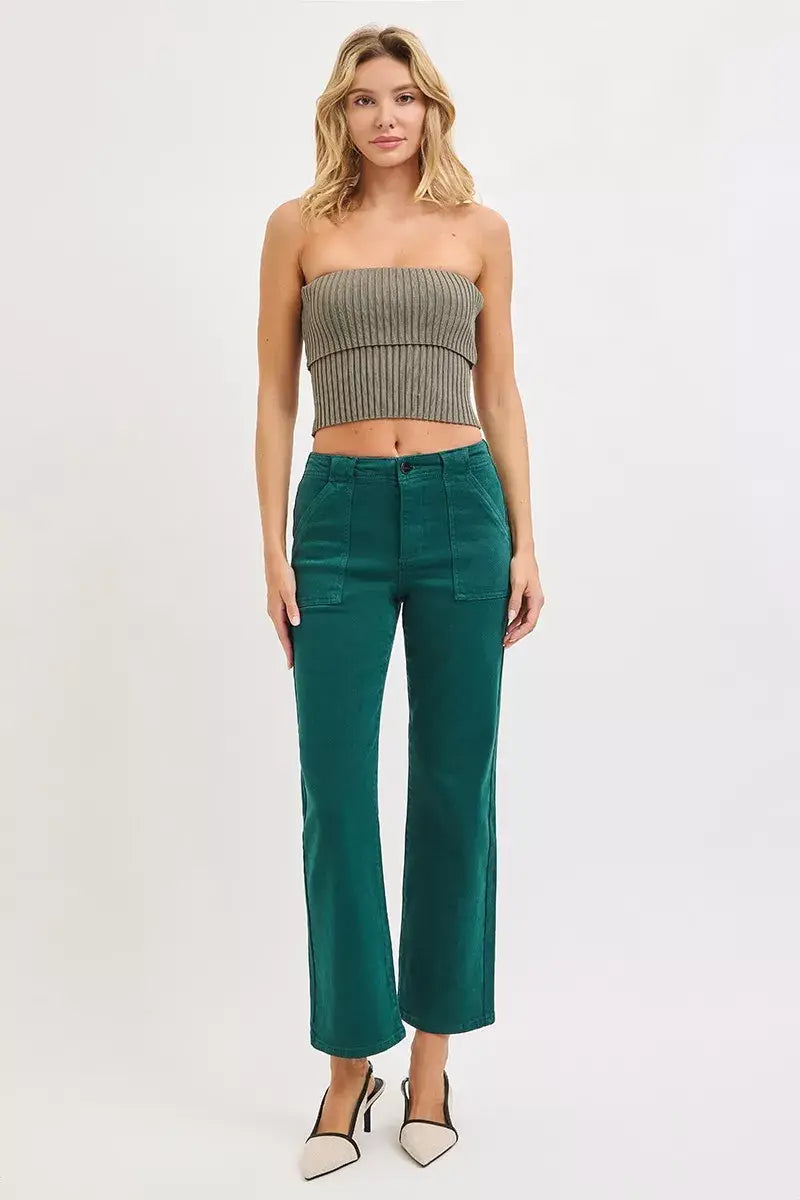 RISEN High Rise Ankle Flare Patch Pocket Jeans - Trendsi - Flyclothing LLC