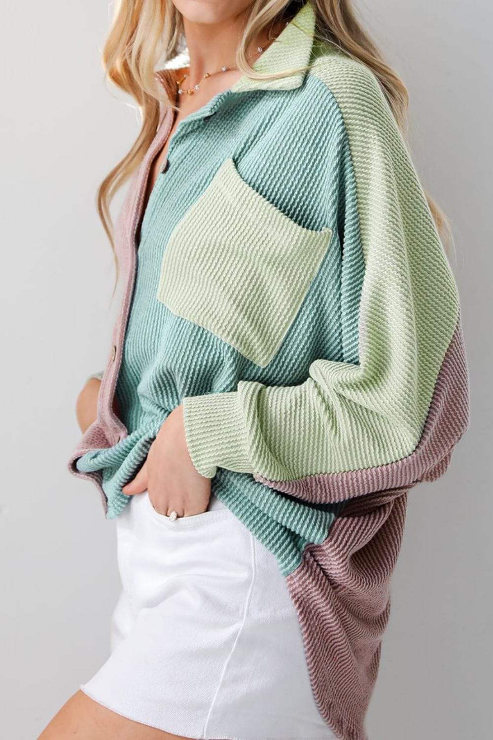 Color Block Corded Button Up Shacket - Trendsi - Flyclothing LLC
