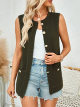 Button Down Round Neck Knit Vest - Trendsi - Flyclothing LLC