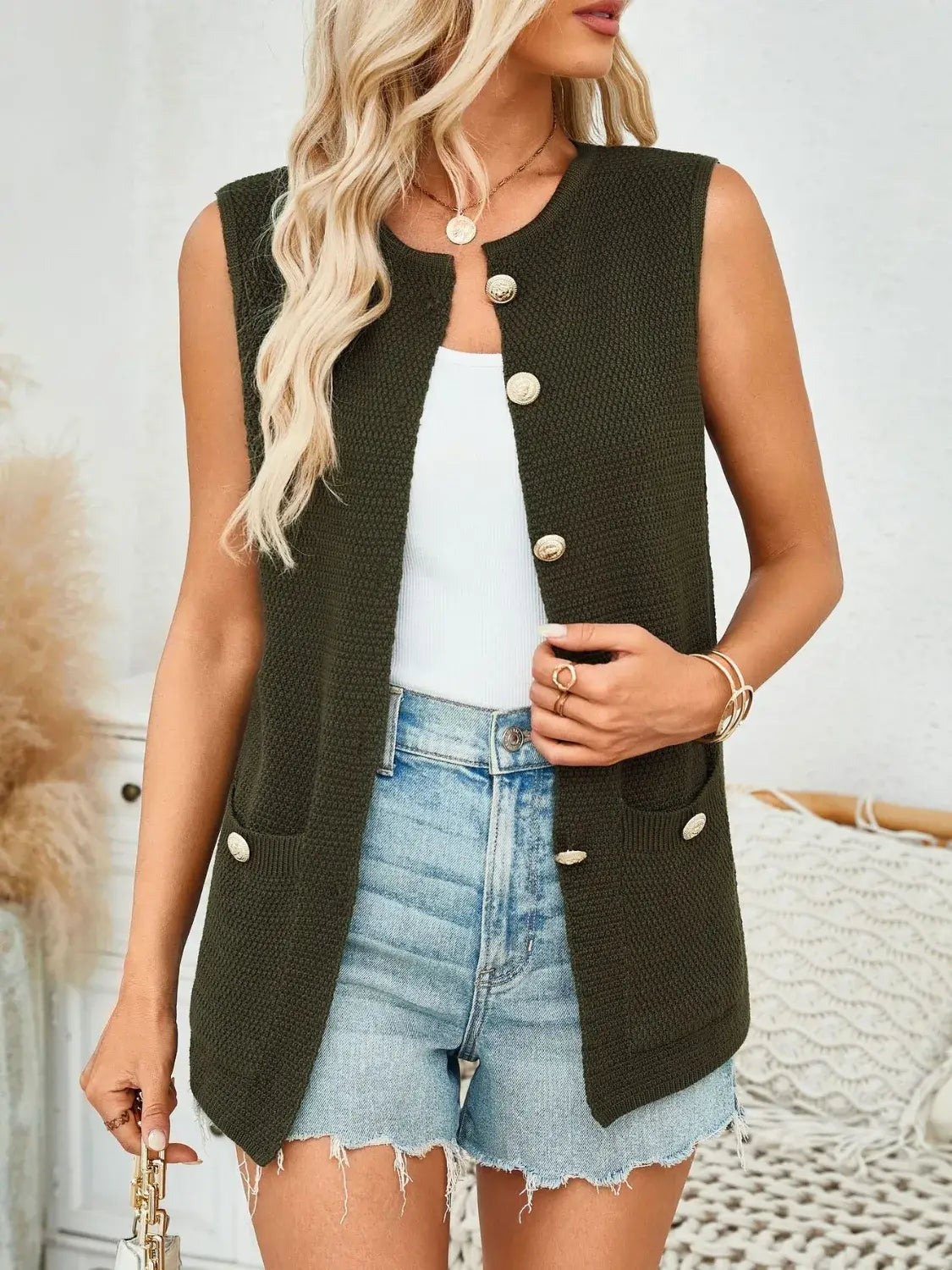 Button Down Round Neck Knit Vest - Trendsi - Flyclothing LLC