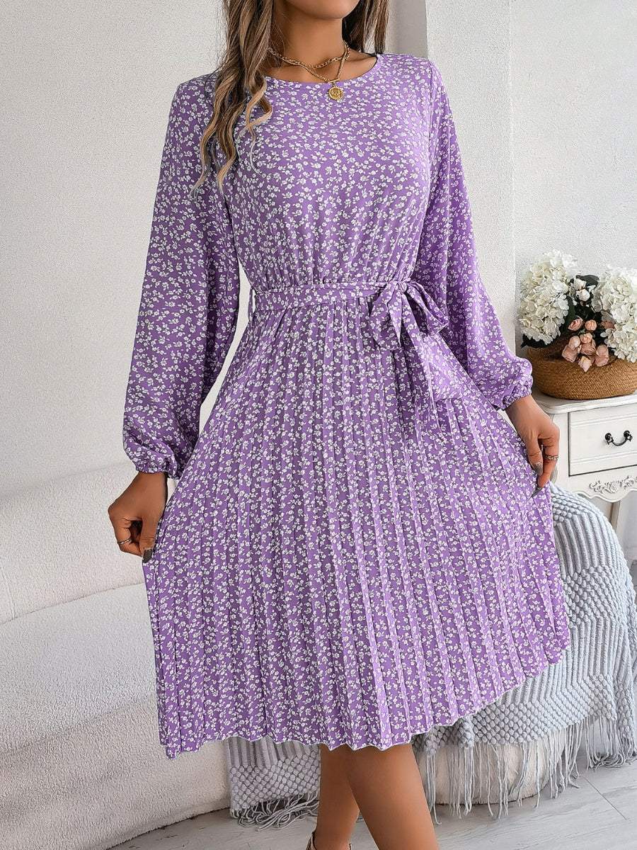 Ditsy Floral Tie Waist Pleated Dress - Trendsi - Flyclothing LLC