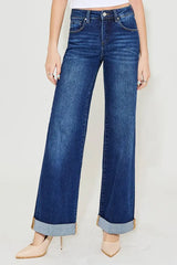 RISEN Full Size Tummy Control High Rise Wide Leg Cuffed Jeans Plus Size - Trendsi - Flyclothing LLC
