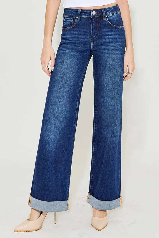 RISEN Full Size Tummy Control High Rise Wide Leg Cuffed Jeans Plus Size - Trendsi - Flyclothing LLC