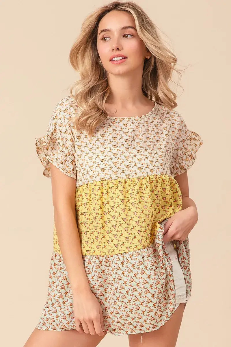 BiBi Flroal Printed Woven Color Block and Tiered Top - Trendsi - Flyclothing LLC