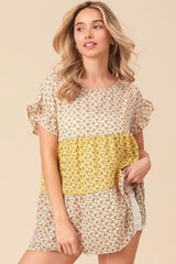 BiBi Flroal Printed Woven Color Block and Tiered Top - Trendsi - Flyclothing LLC