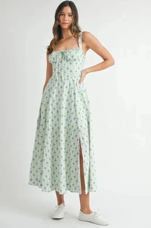 MABLE Floral Print Bustier Back Lace Up Midi Dress - Trendsi