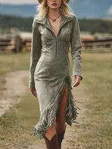 Full Size Fringe Hem Zip Front Bodycon Dress Plus Size - Trendsi - Flyclothing LLC