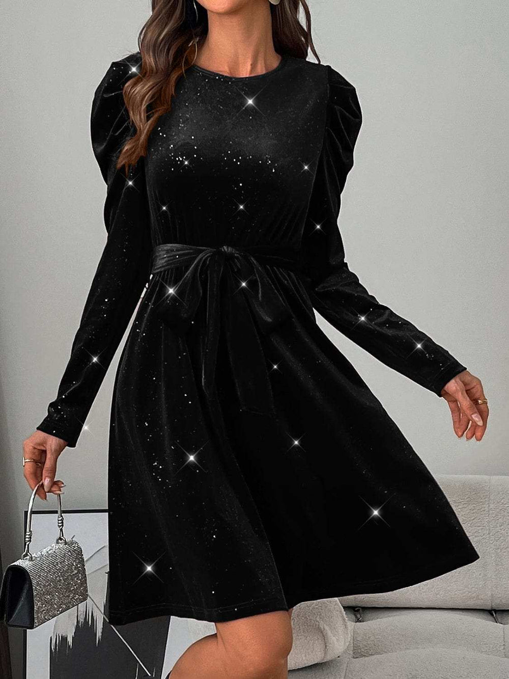 Glitter Round Neck Puff Sleeve Dress - Trendsi - Flyclothing LLC