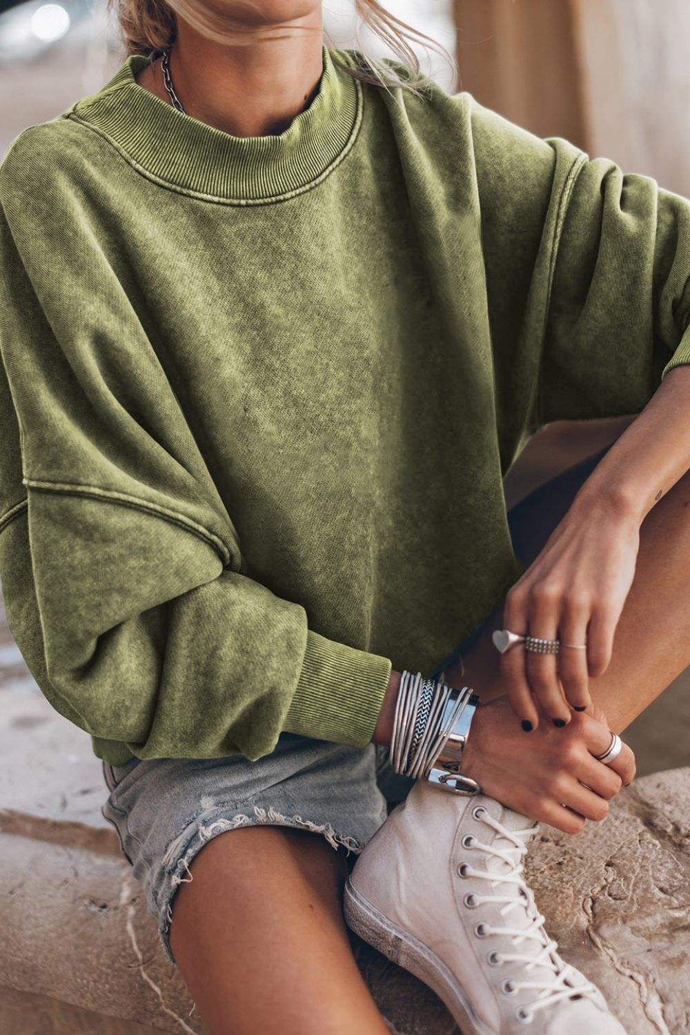 Mock Neck Dropped Shoulder Sweatshirt - Trendsi - Flyclothing LLC