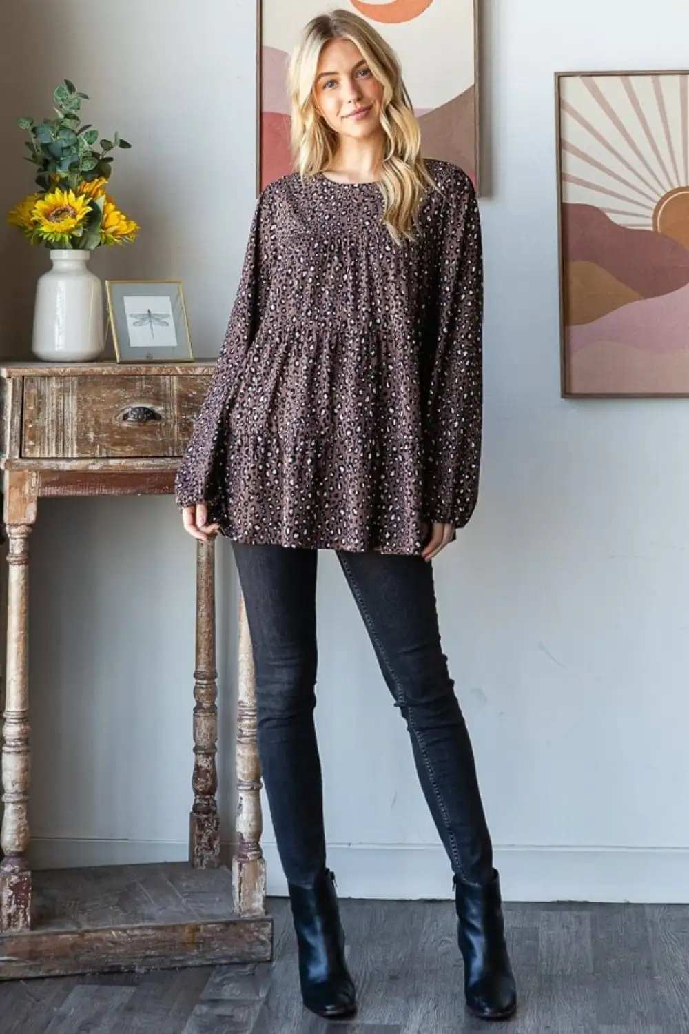 Heimish Leopard Long Sleeve Tiered Blouse - Trendsi - Flyclothing LLC