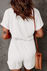 Full Size Drawstring V-Neck Short Sleeve Romper - Trendsi - Flyclothing LLC