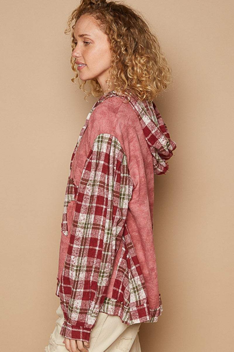 POL Star Patch Plaid Long Sleeve Hooded Top - Trendsi - Flyclothing LLC