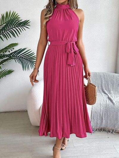 Pleated Tie Waist Sleeveless Midi Dress - Trendsi - Flyclothing LLC