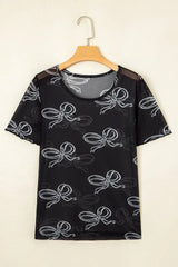 Bow Mesh Round Neck Short Sleeve T-Shirt - Trendsi - Flyclothing LLC