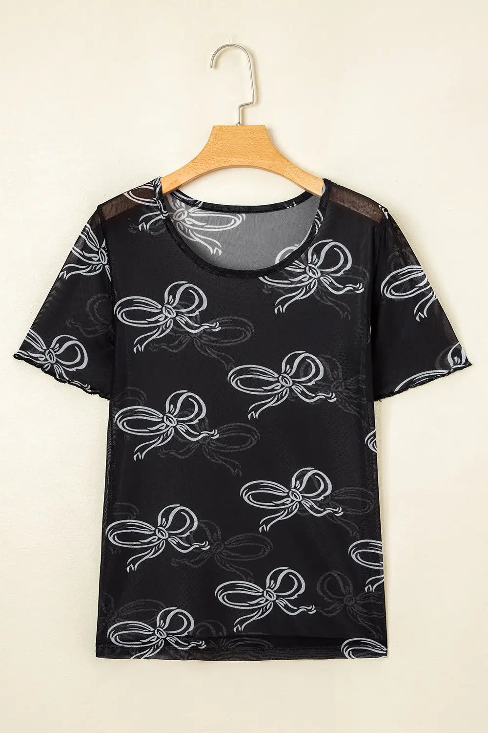 Bow Mesh Round Neck Short Sleeve T-Shirt - Trendsi - Flyclothing LLC
