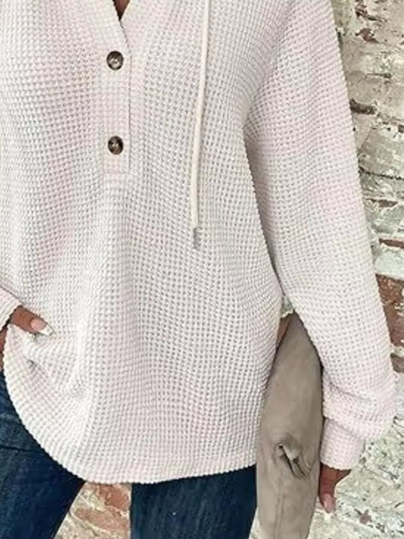 Full Size Button Detail Waffle Knit Hoodie Plus Size - Trendsi - Flyclothing LLC