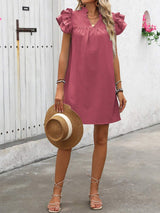 Ruffled Notched Cap Sleeve Mini Dress - Trendsi - Flyclothing LLC