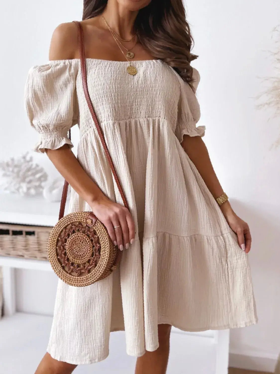 Smocked Off-Shoulder Mini Dress - Trendsi - Flyclothing LLC
