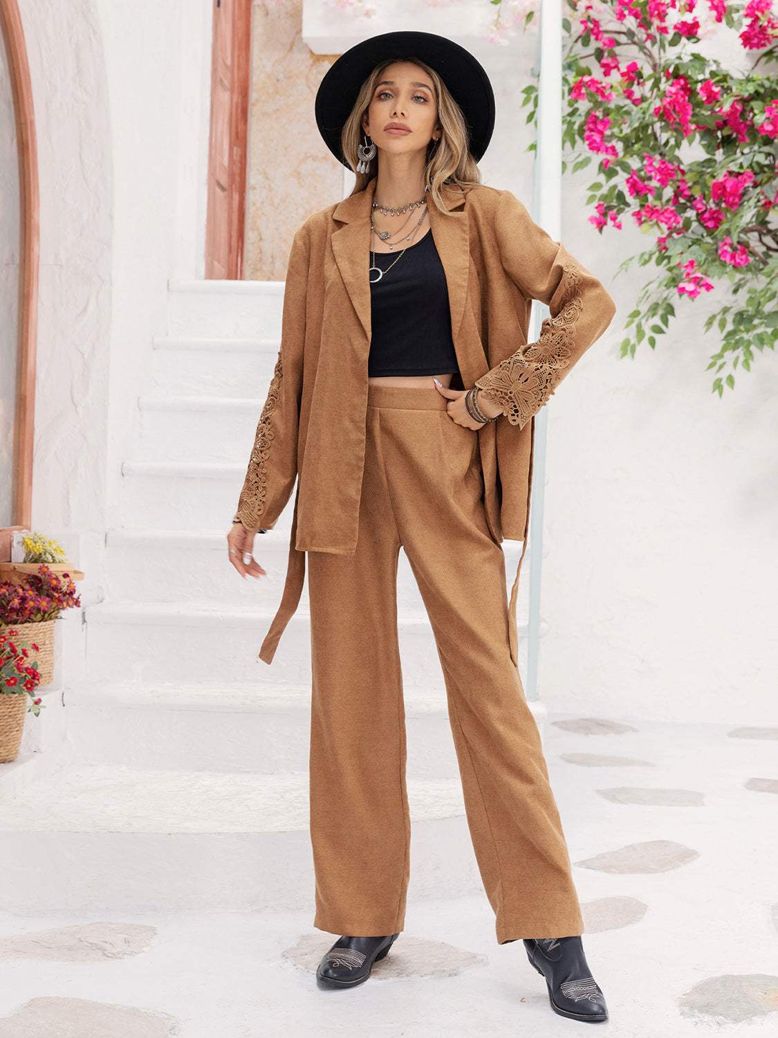 Lace Detail Collared Neck Top and Pants Set - Trendsi - Flyclothing LLC